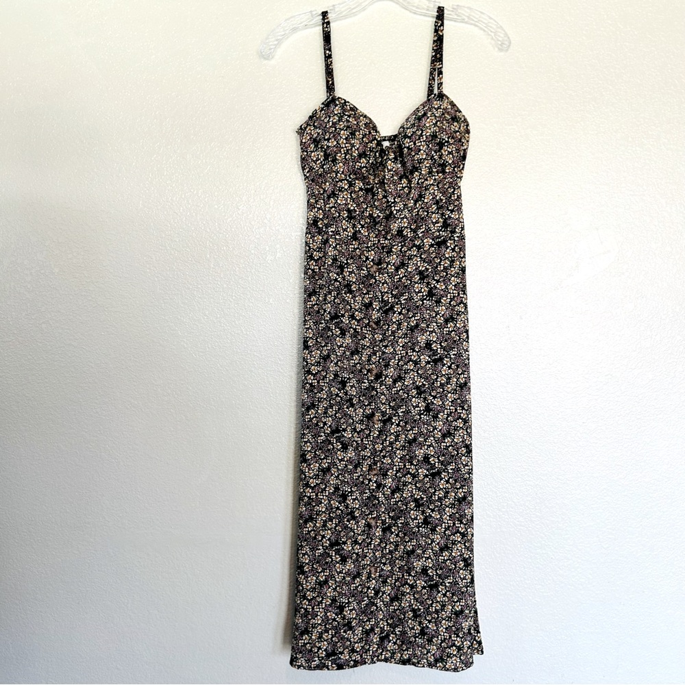Black Floral Smocked Bodice Sweetheart Neckline Cottage Core Midi Sundress Sz M